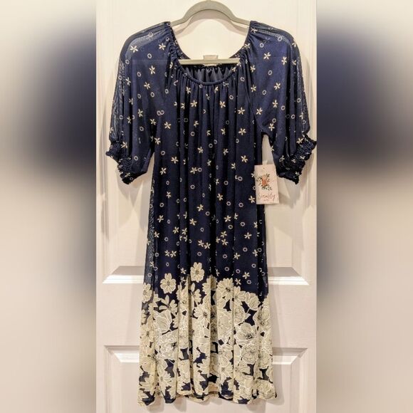 Sirenlily Floral Midi Dress NWT Medium Petite Blue Bell Sleeve Ruffle Feminine - Picture 2 of 9